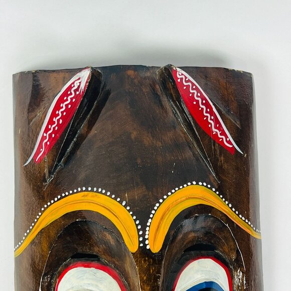 Hand Carved Vintage Wooden Hand Painted Tribal Art Deco Hanging Face 17" x 9" - Picture 3 of 8